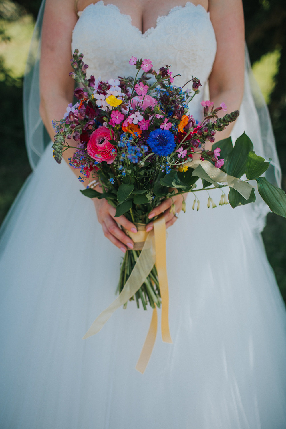 Bride Bridal Dress Gown Sweetheart Neckline Lace Princess A Line Veil Wildflower Meadow Bouquet Minnehaha Events Wedding Lisa Webb Photography