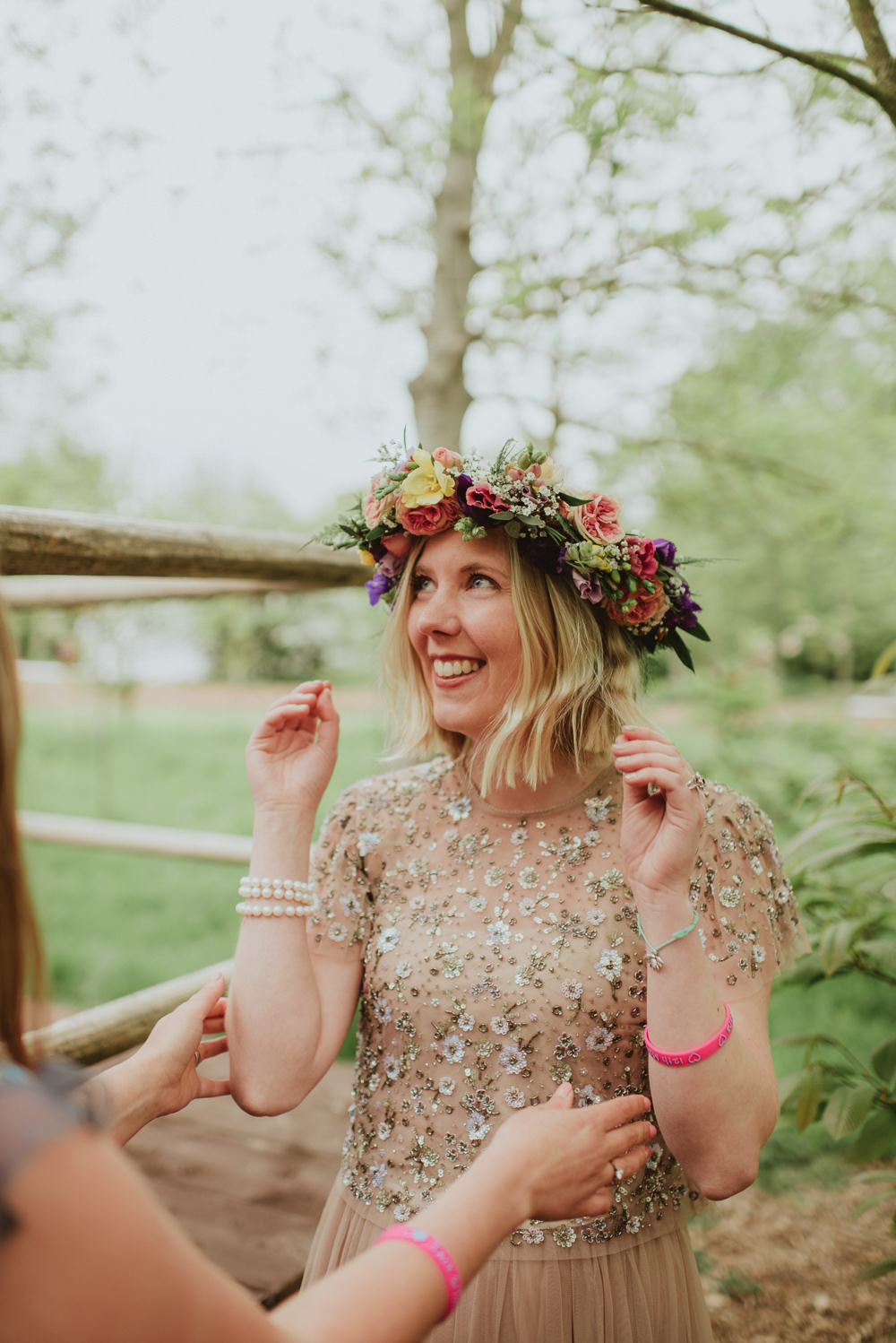 Bride Bridal Dress Gown Sleeves Emellished Sequin Pale Pink Embroidered Top Skirt Needle & Thread Flower Crown Plush Tents Glamping Wedding Big Bouquet Photography