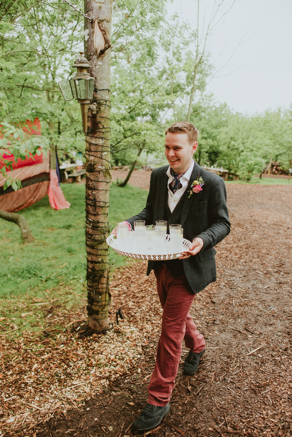 Silk Scarf Groom Suit Blue Jacket Red Trousers Waistcoat Plush Tents Glamping Wedding Big Bouquet Photography