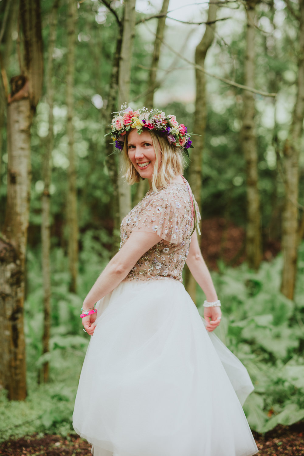 Tutu Bride Bridal Dress Gown Sleeves Emellished Sequin Pale Pink Embroidered Top Skirt Needle & Thread Flower Crown Plush Tents Glamping Wedding Big Bouquet Photography