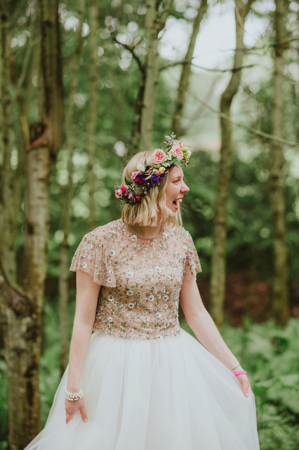 Tutu Bride Bridal Dress Gown Sleeves Emellished Sequin Pale Pink Embroidered Top Skirt Needle & Thread Flower Crown Plush Tents Glamping Wedding Big Bouquet Photography