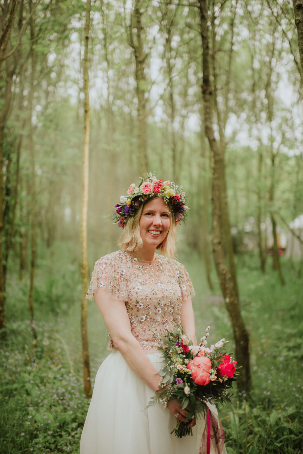 Tutu Bride Bridal Dress Gown Sleeves Emellished Sequin Pale Pink Embroidered Top Skirt Needle & Thread Flower Crown Plush Tents Glamping Wedding Big Bouquet Photography