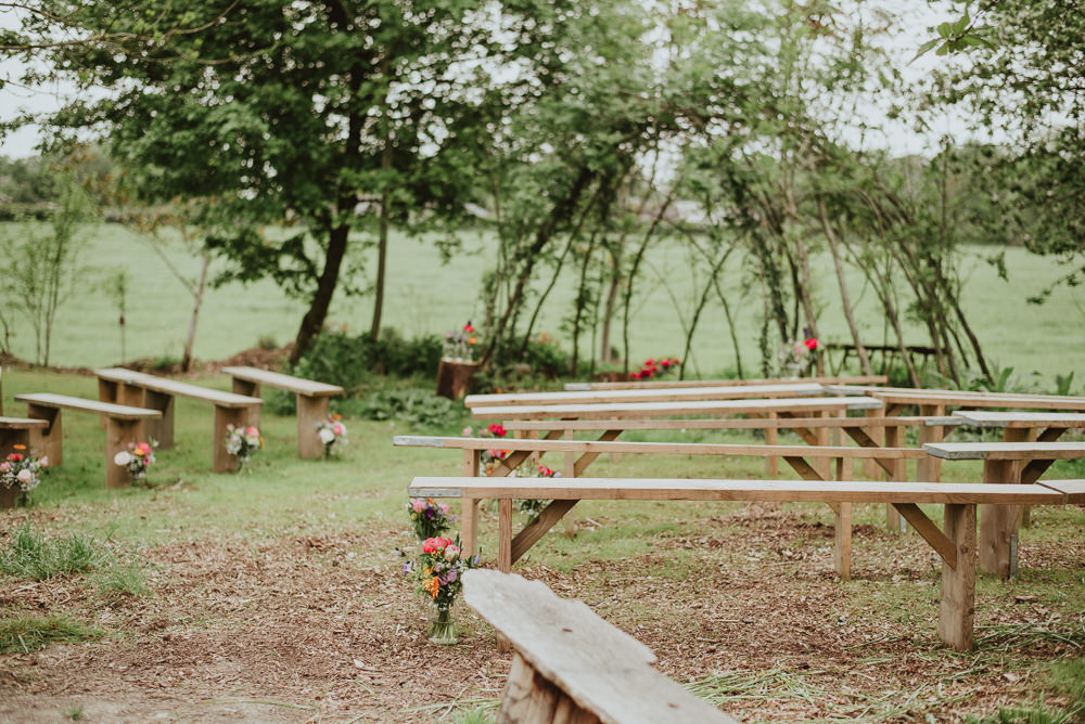 Ceremony Benches Plush Tents Glamping Wedding Big Bouquet Photography