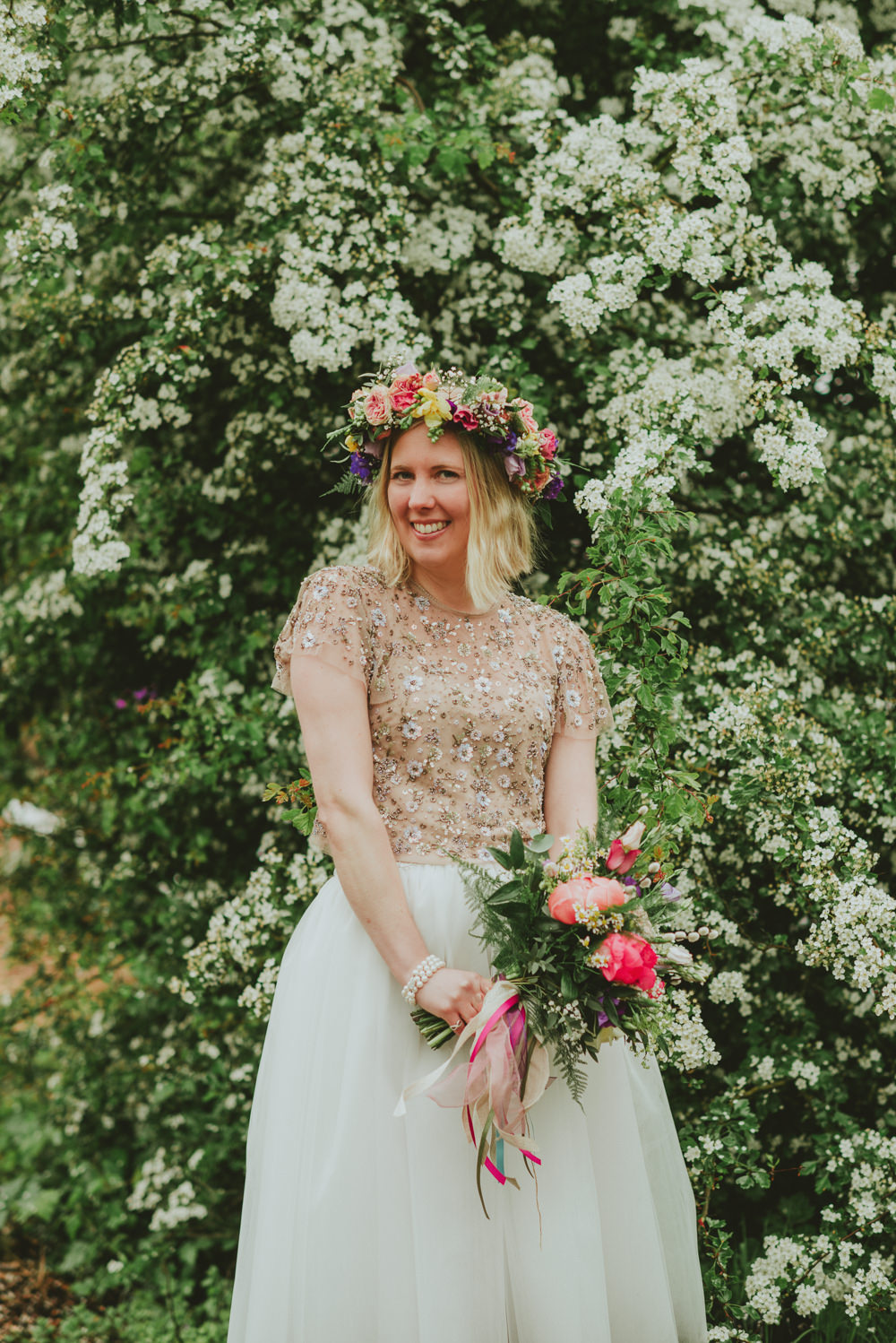 Tutu Bride Bridal Dress Gown Sleeves Emellished Sequin Pale Pink Embroidered Top Skirt Needle & Thread Flower Crown Plush Tents Glamping Wedding Big Bouquet Photography