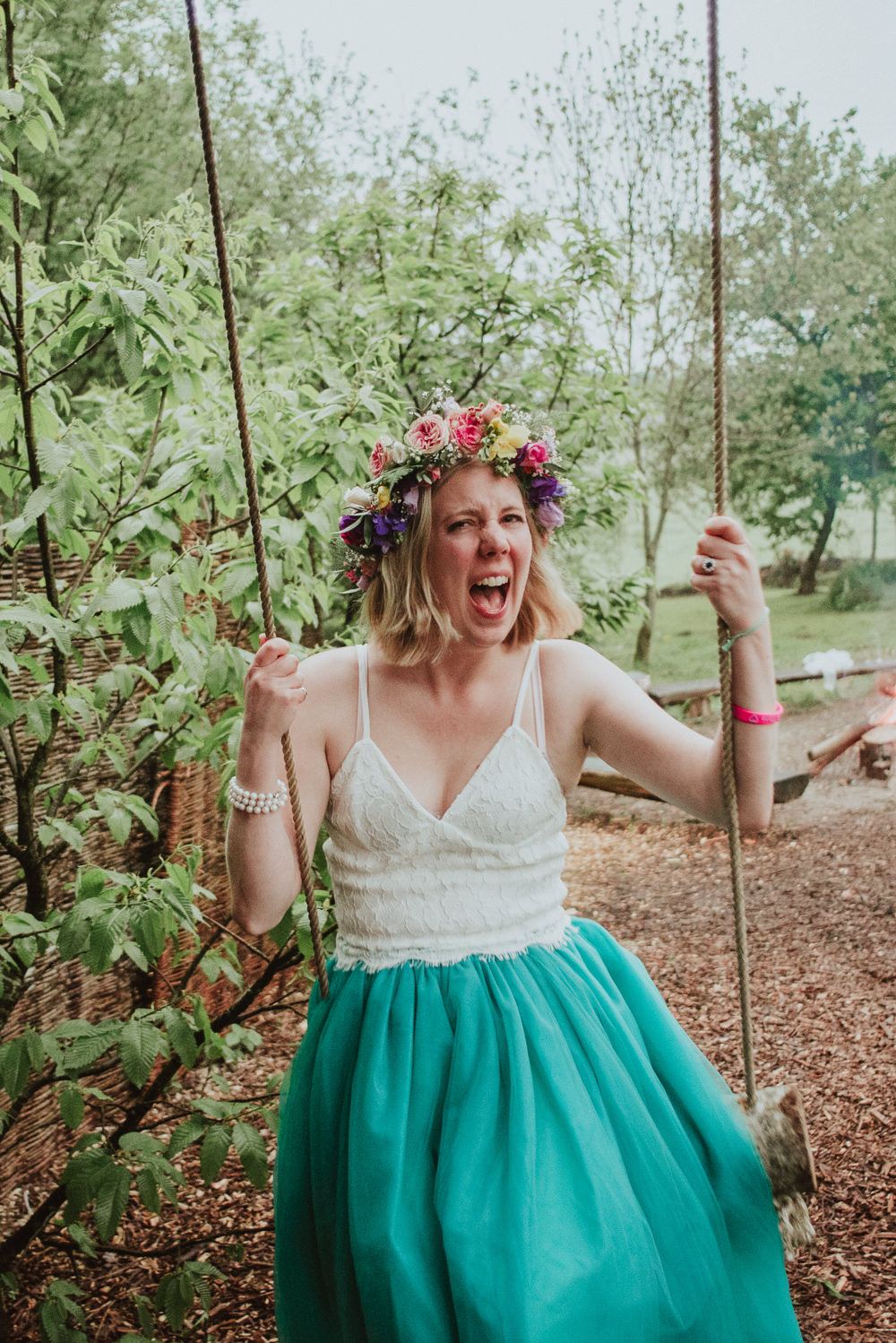 Bride Bridal Dress Gown Skirt Top Green Tutu Plush Tents Glamping Wedding Big Bouquet Photography