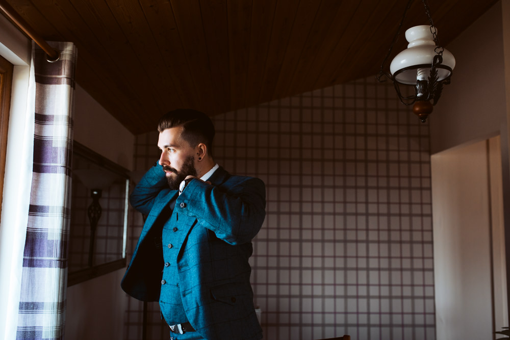 Groom Suit Blue Check Tie Kilt Windmill Barn Wedding Pocket Square Photography