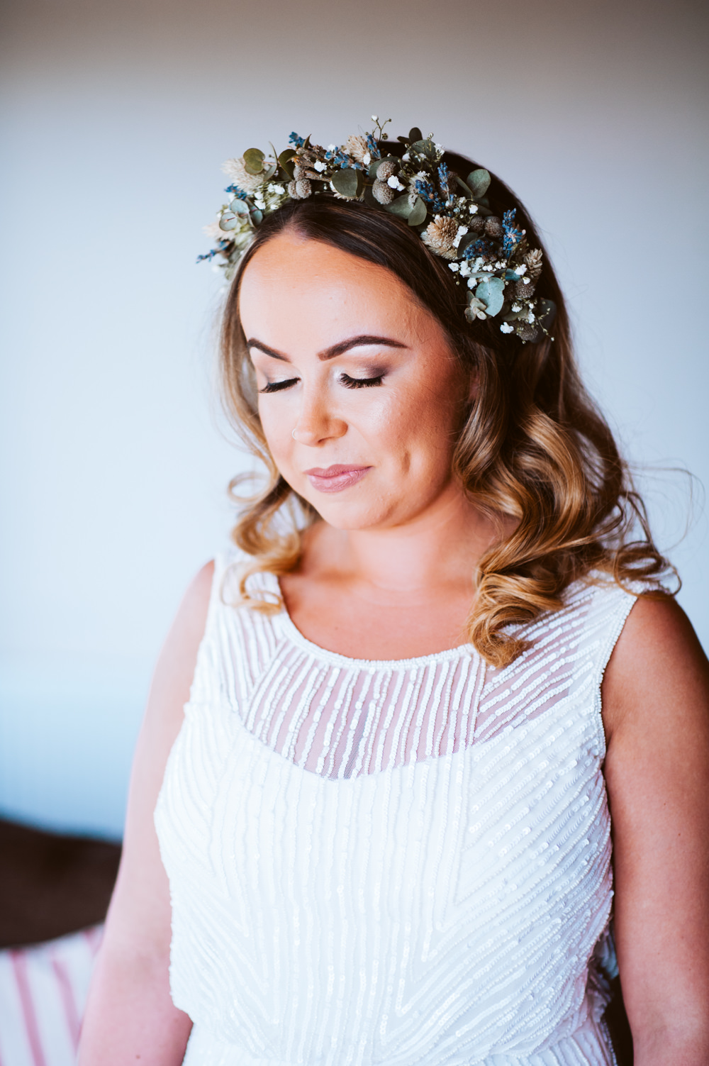 Bride Bridal Flower Crown Flowers Greenery Foliage Eucalyptus Gypsophila Make Up Windmill Barn Wedding Pocket Square Photography