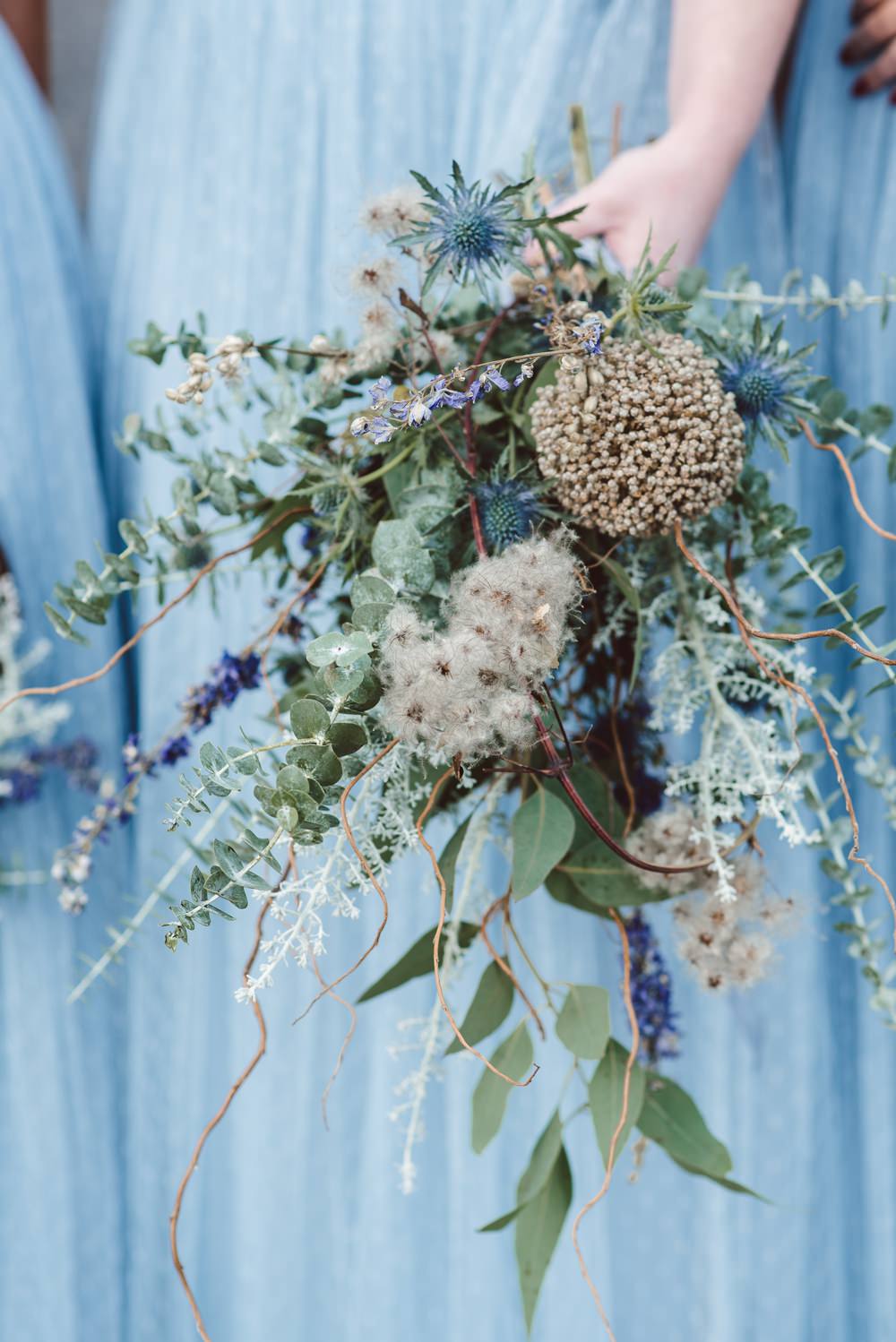 Bridesmaid Bouquet Greenery Foliage Flowers Dried Leek Heads Twisted Willow Rustic Christmas Wedding Ideas Dhw Photography
