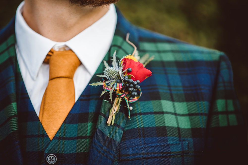 Green Check Tartan Suit Orange Tie Groom Groomsman Buttonhole Flowers Thistle Rustic Christmas Wedding Ideas Dhw Photography