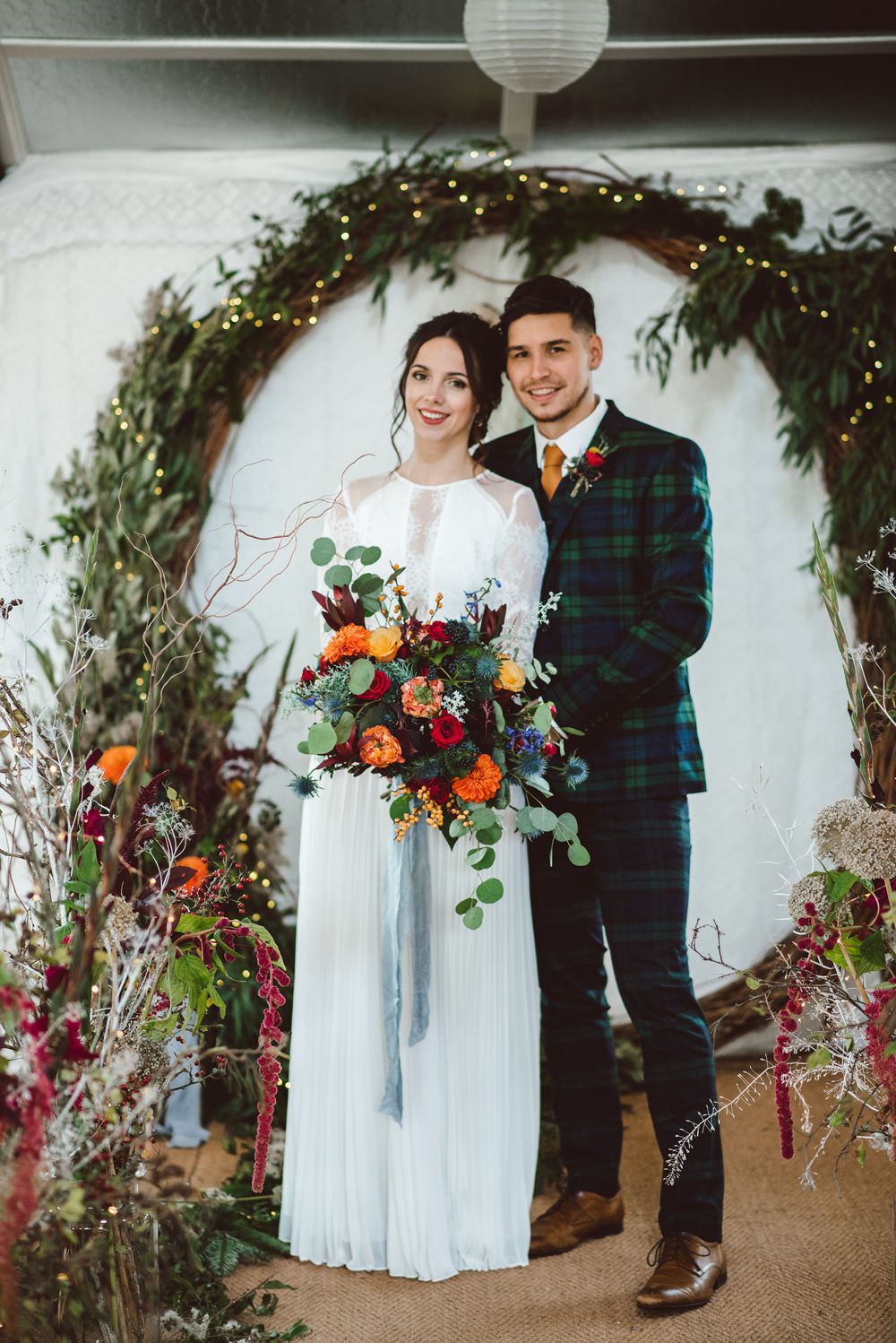 Moongate Flower Arch Backdrop Ceremony Conifer Eucalyptus Greenery Foliage Rustic Christmas Wedding Ideas Dhw Photography