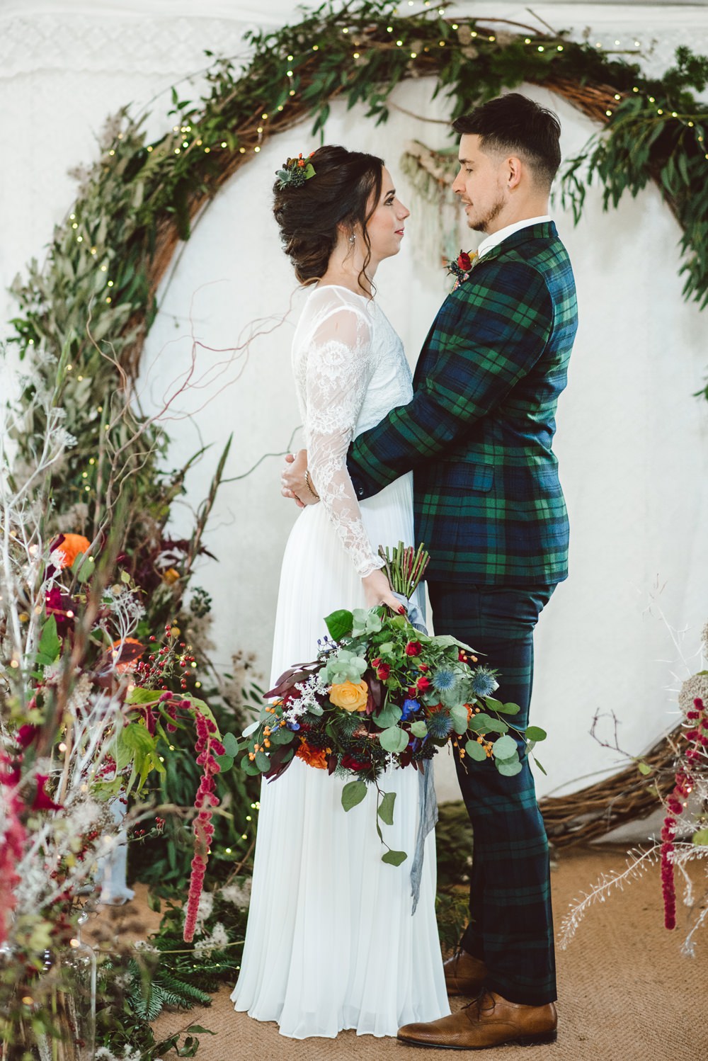 Moongate Flower Arch Backdrop Ceremony Conifer Eucalyptus Greenery Foliage Rustic Christmas Wedding Ideas Dhw Photography