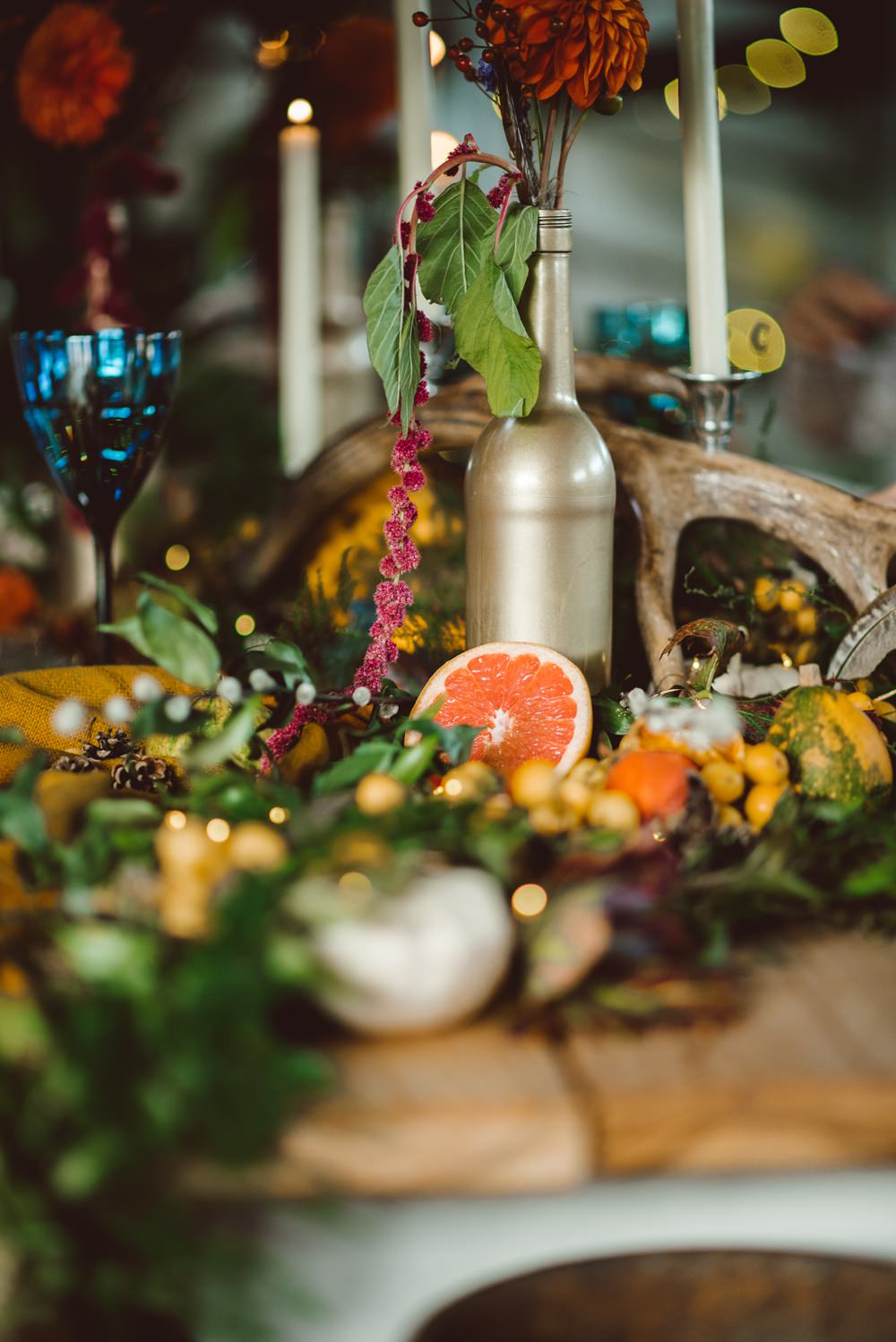 Tablescape Deor Flowers Bottles Fruit Candles Antlers Table Rustic Christmas Wedding Ideas Dhw Photography