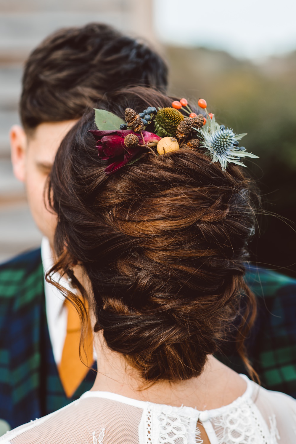 Hair Bride Bridal Up Do Flowers Style Rustic Christmas Wedding Ideas Dhw Photography