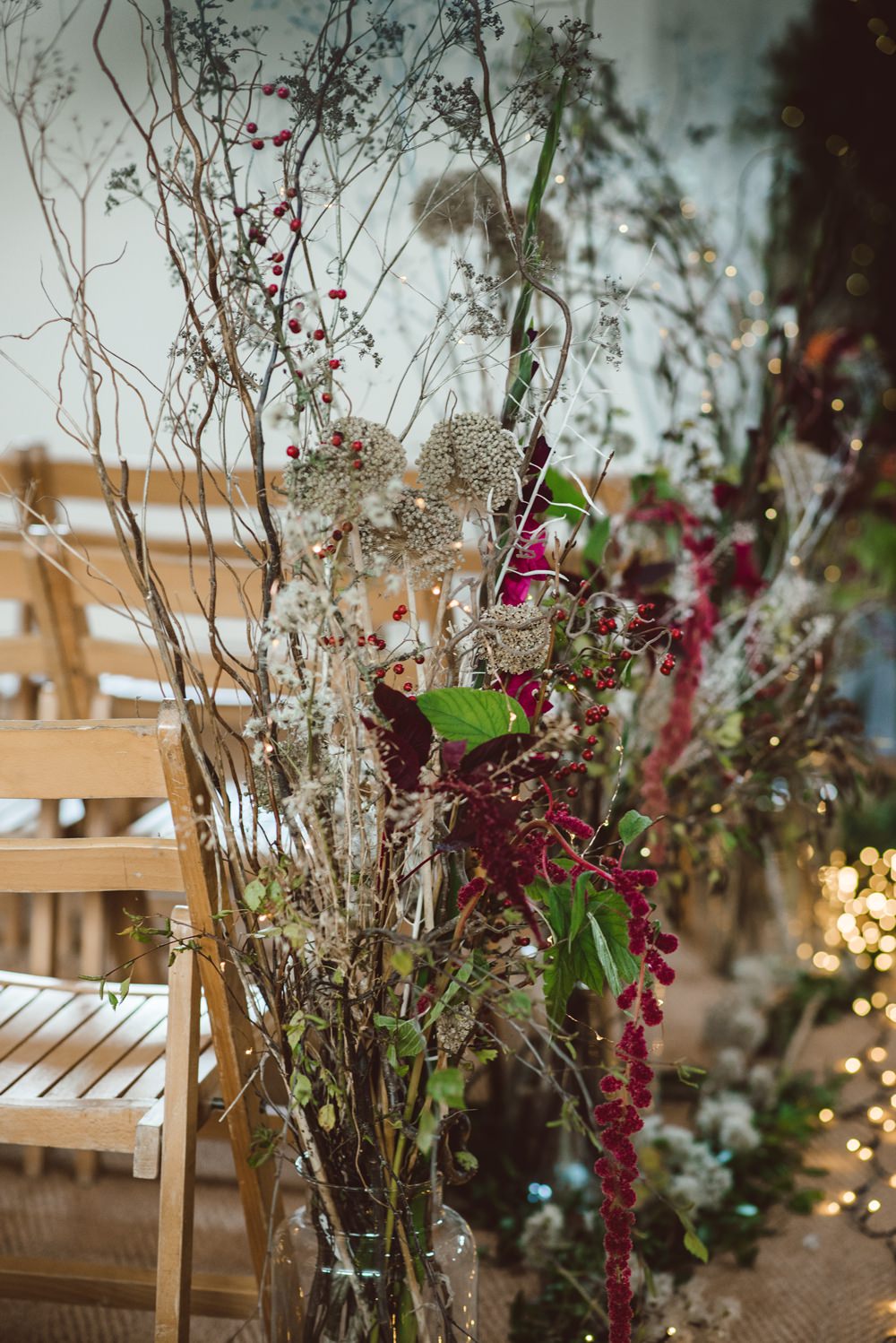 Aisle Flowers Pew Ends Dried Greenery Foliage Jars Rustic Christmas Wedding Ideas Dhw Photography