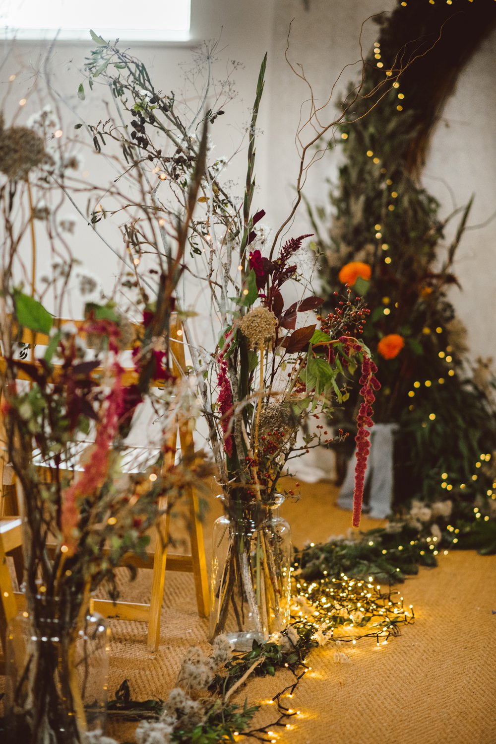 Aisle Flowers Pew Ends Dried Greenery Foliage Jars Rustic Christmas Wedding Ideas Dhw Photography