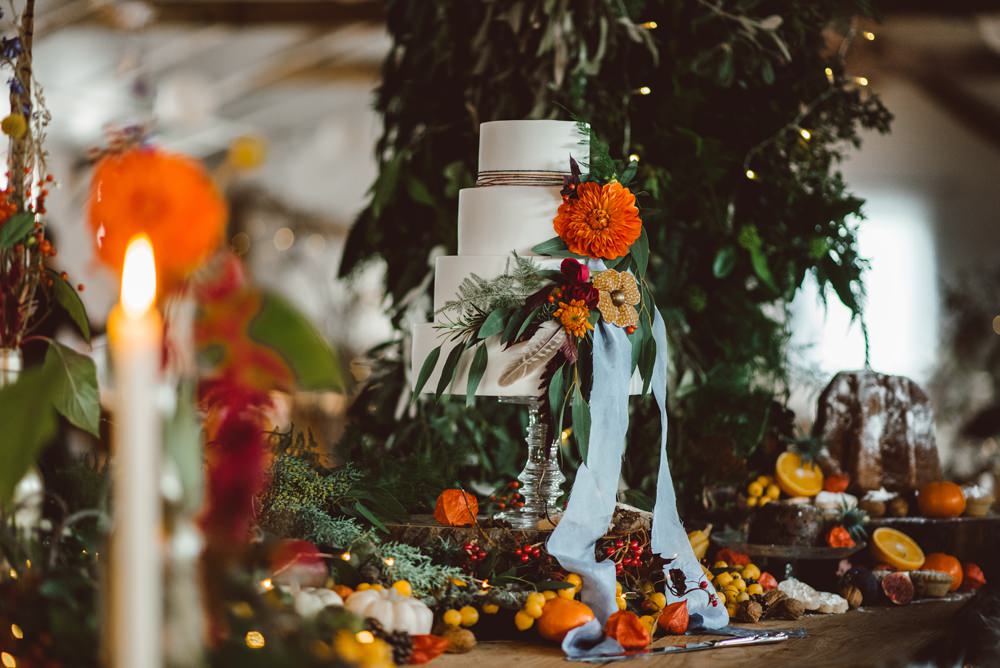 Cake Tier Ribbon Flowers Feathers Table Rustic Christmas Wedding Ideas Dhw Photography