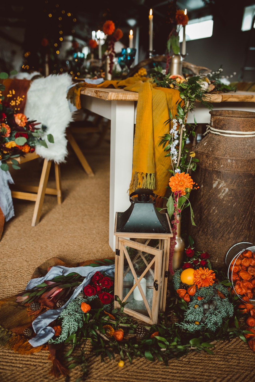 Tablescape Deor Flowers Bottles Fruit Candles Antlers Table Candle Floor Rustic Christmas Wedding Ideas Dhw Photography