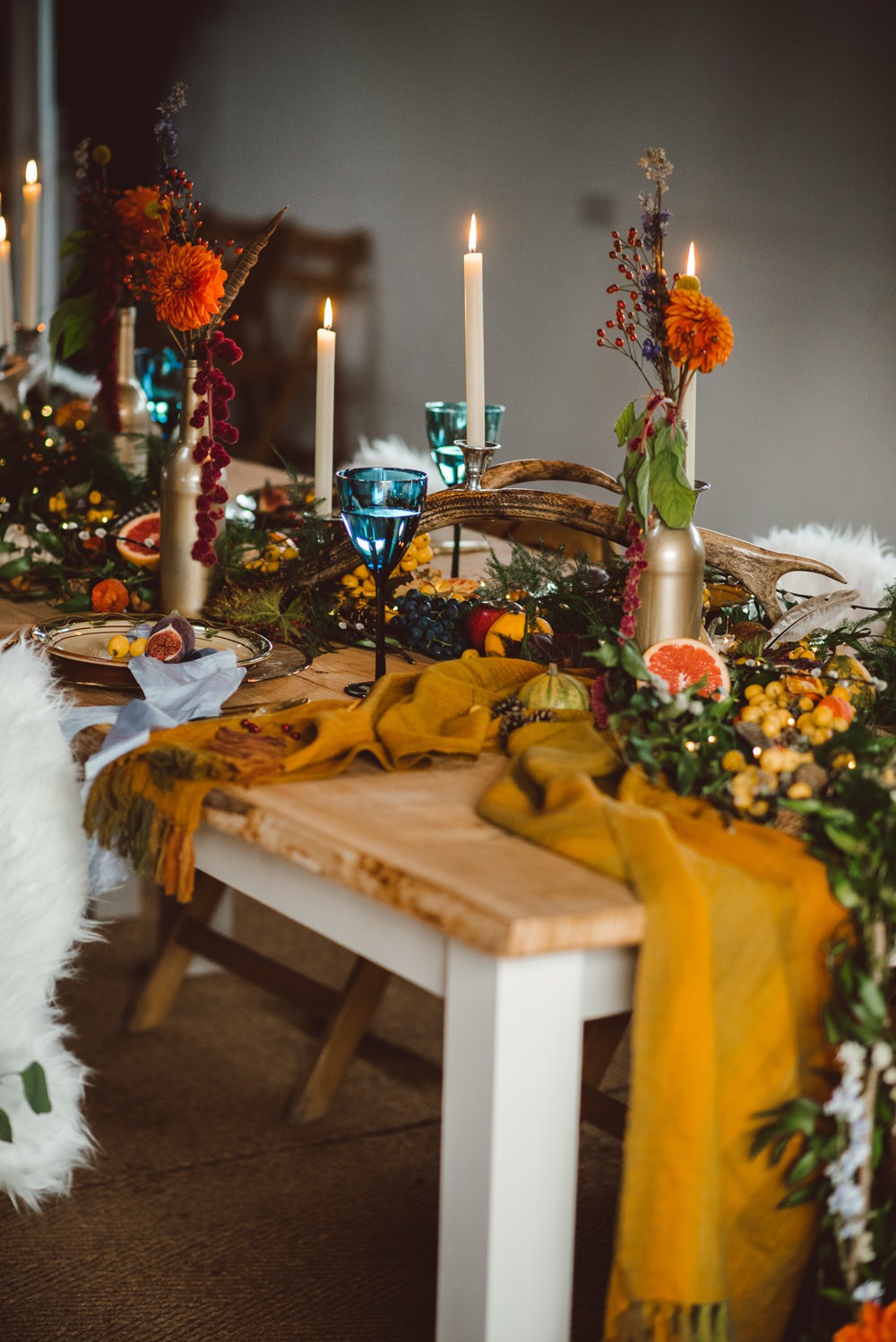 Tablescape Deor Flowers Bottles Fruit Candles Antlers Table Orange Runner Rustic Christmas Wedding Ideas Dhw Photography
