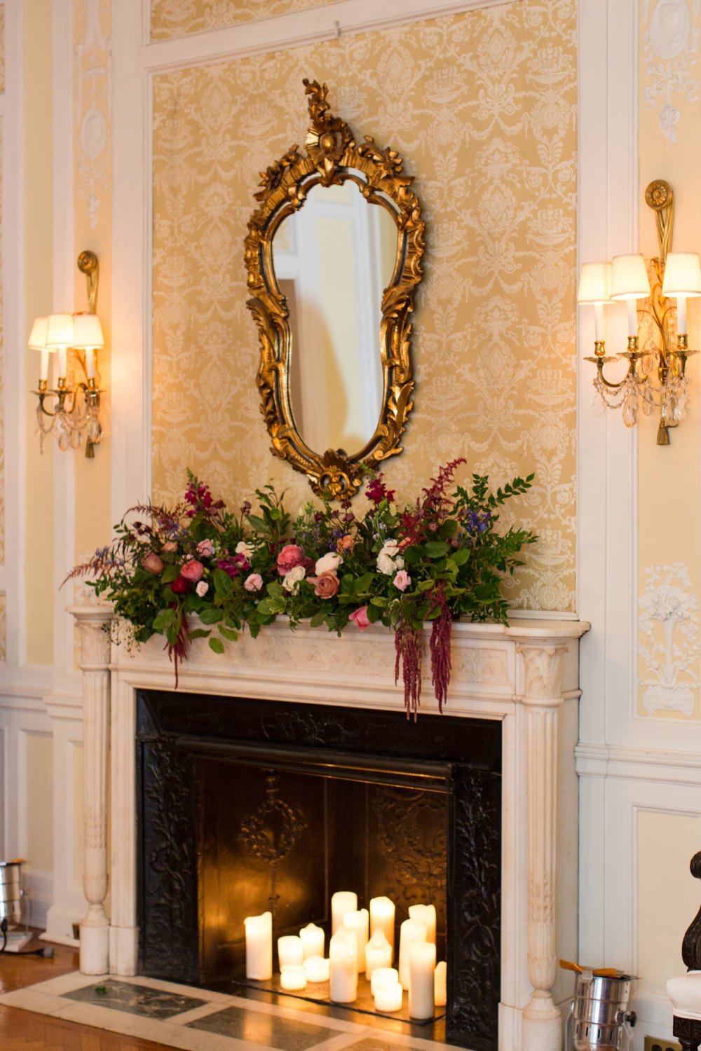 Fireplace Flowers Candles Mantlepiece Stotesbury Mansion Wedding Mariya Stecklair Photography