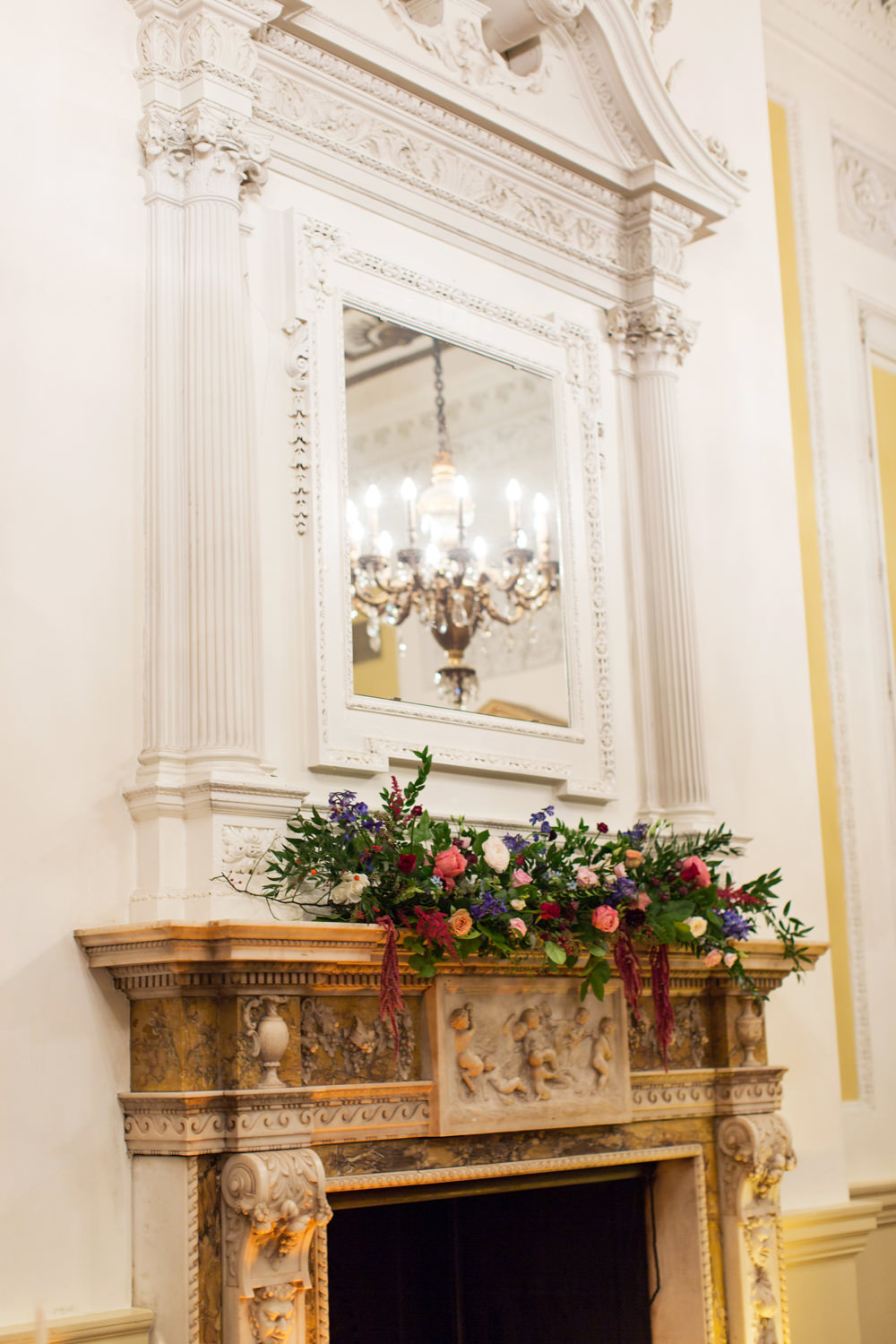 Fireplace Flowers Candles Mantlepiece Stotesbury Mansion Wedding Mariya Stecklair Photography