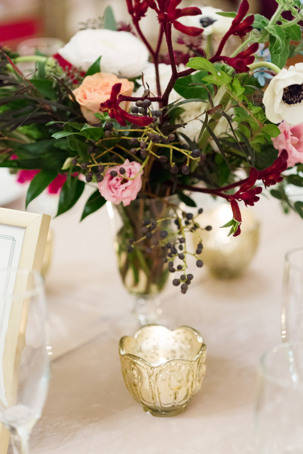 Centrepiece Flowers Greenery Foliage Red Pink Candles Stotesbury Mansion Wedding Mariya Stecklair Photography