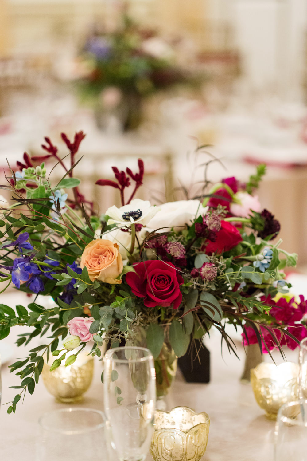 Centrepiece Flowers Greenery Foliage Red Pink Candles Stotesbury Mansion Wedding Mariya Stecklair Photography