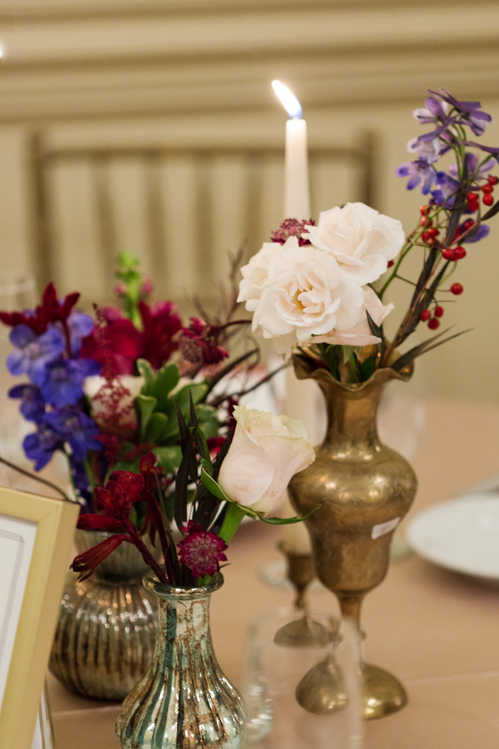 Centrepiece Flowers Greenery Foliage Red Pink Candles Stotesbury Mansion Wedding Mariya Stecklair Photography