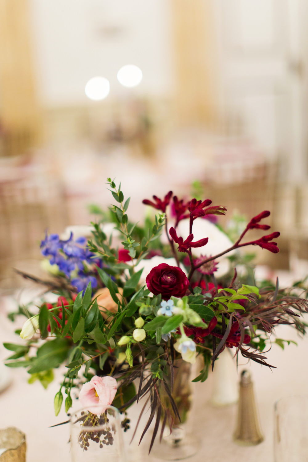 Centrepiece Flowers Greenery Foliage Red Pink Candles Stotesbury Mansion Wedding Mariya Stecklair Photography