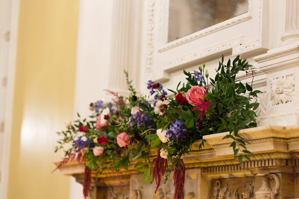 Fireplace Flowers Candles Mantlepiece Stotesbury Mansion Wedding Mariya Stecklair Photography