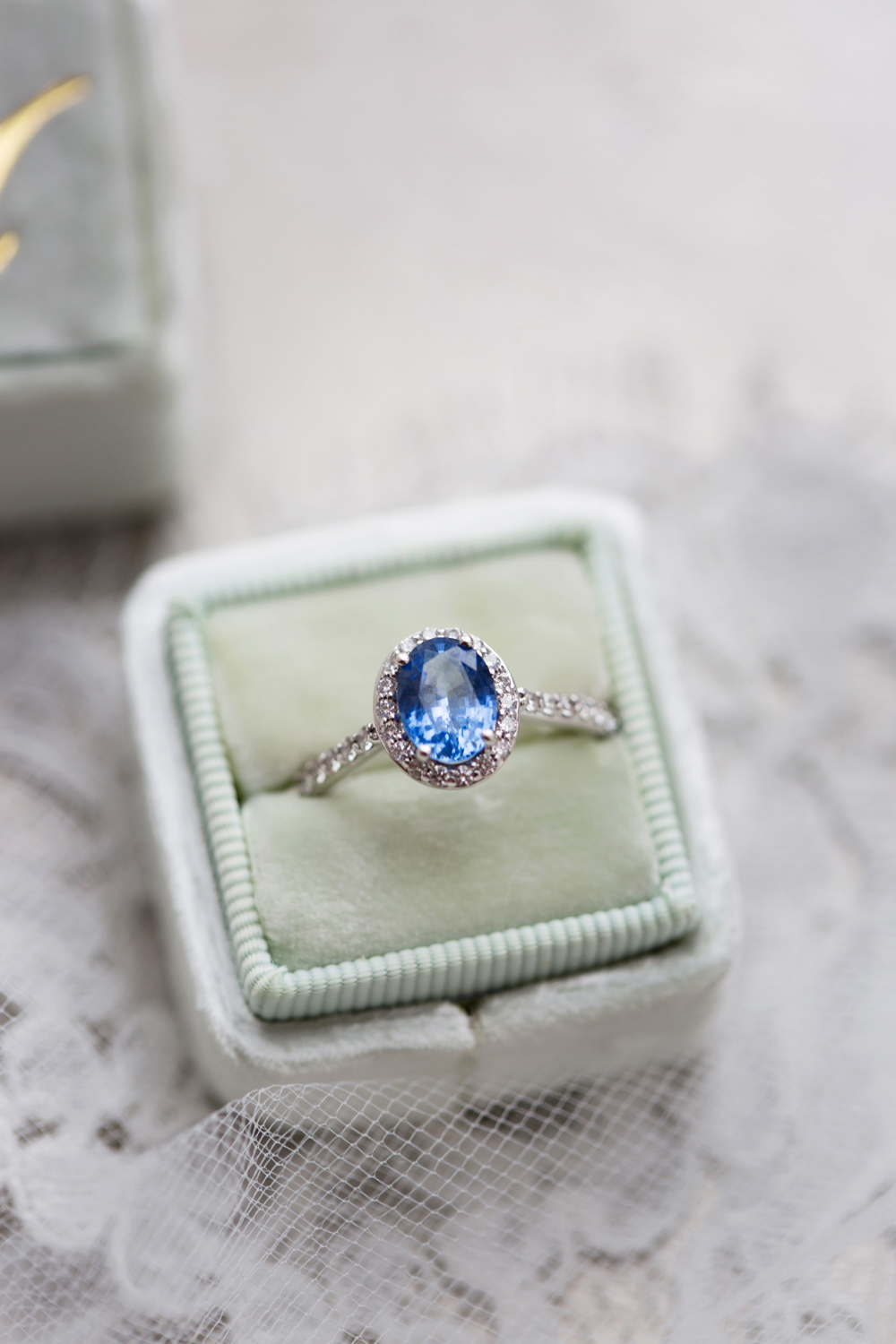 Blue Sapphire Solitaire Engagement Ring Halo Velvet Ring Box Stotesbury Mansion Wedding Mariya Stecklair Photography
