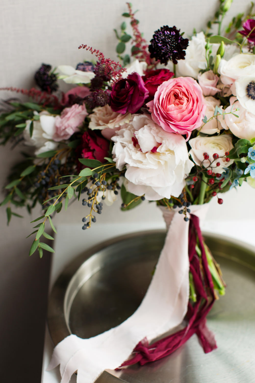 Bouquet Flowers Brida Bridal Red Pink Cream Ribbons Rose Peony Stotesbury Mansion Wedding Mariya Stecklair Photography