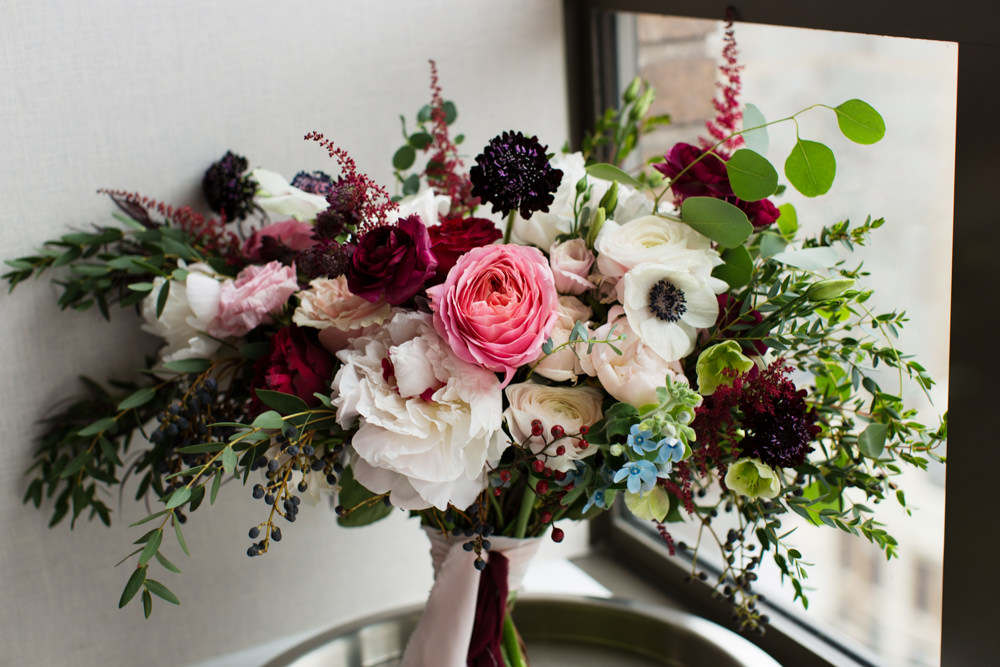Bouquet Flowers Brida Bridal Red Pink Cream Ribbons Rose Peony Stotesbury Mansion Wedding Mariya Stecklair Photography