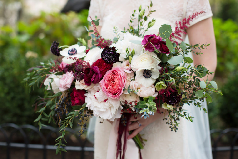 Bouquet Flowers Brida Bridal Red Pink Cream Ribbons Rose Peony Stotesbury Mansion Wedding Mariya Stecklair Photography