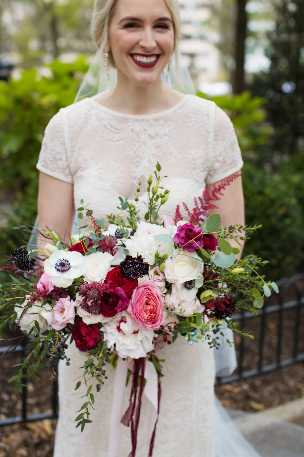 Bouquet Flowers Brida Bridal Red Pink Cream Ribbons Rose Peony Stotesbury Mansion Wedding Mariya Stecklair Photography