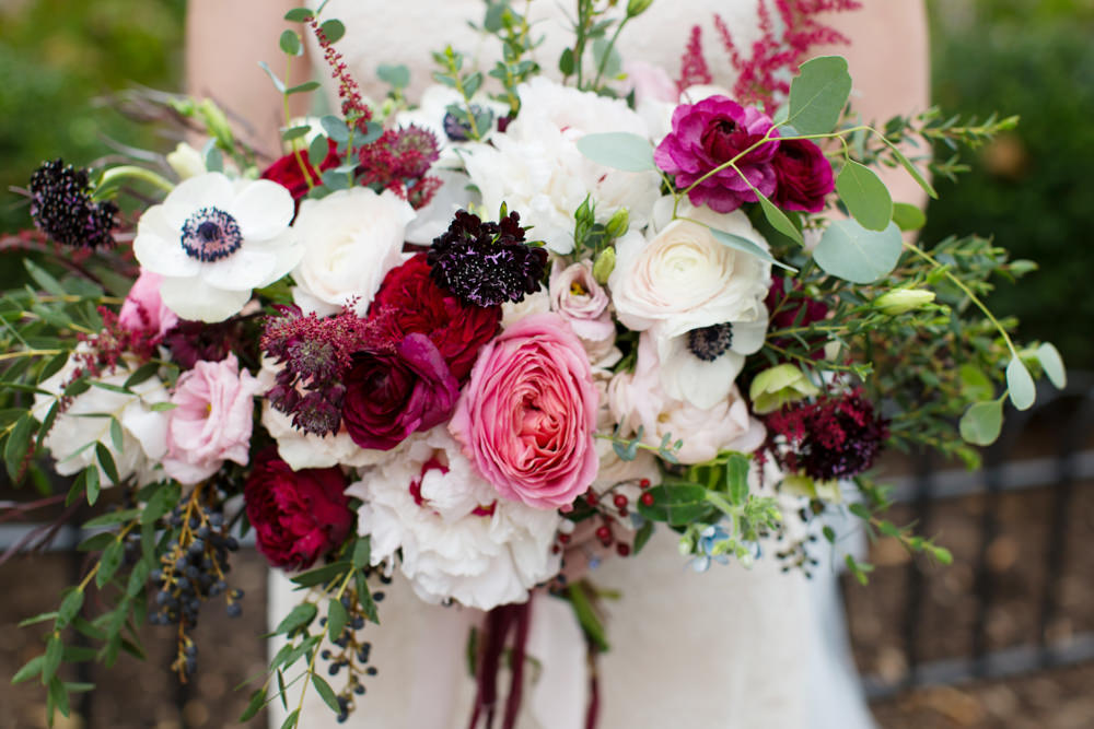 Bouquet Flowers Brida Bridal Red Pink Cream Ribbons Rose Peony Stotesbury Mansion Wedding Mariya Stecklair Photography