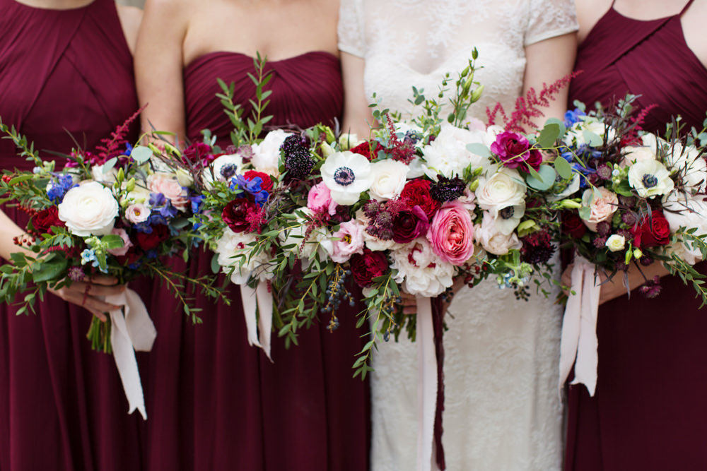 Bouquet Flowers Brida Bridal Red Pink Cream Ribbons Rose Peony Bridesmaids Stotesbury Mansion Wedding Mariya Stecklair Photography