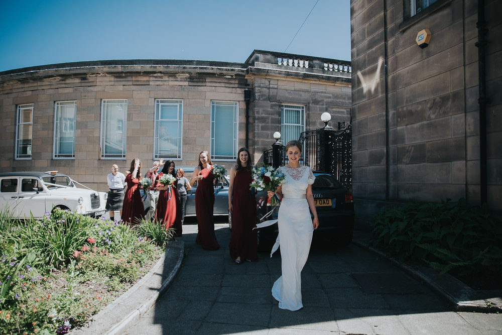 Bride Bridal Dress Gown Lace Charlie Brear Red Bridesmaids Strawberry Barn Wedding Jen Owens Images
