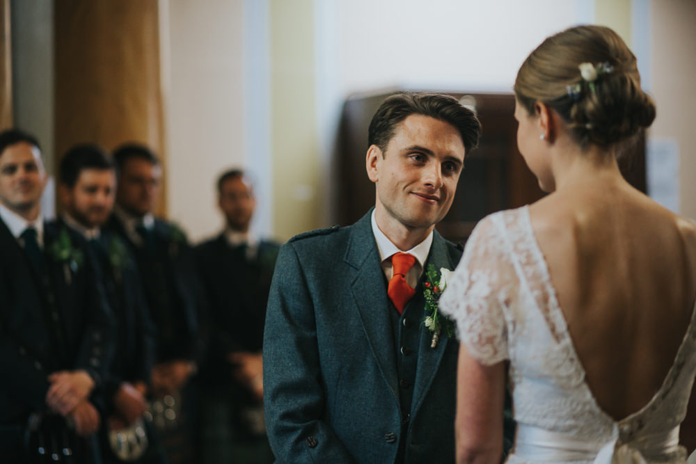 Bride Bridal Fitted Dress Silk Lace Overlay Kilt Groom Strawberry Barn Wedding Jen Owens Images