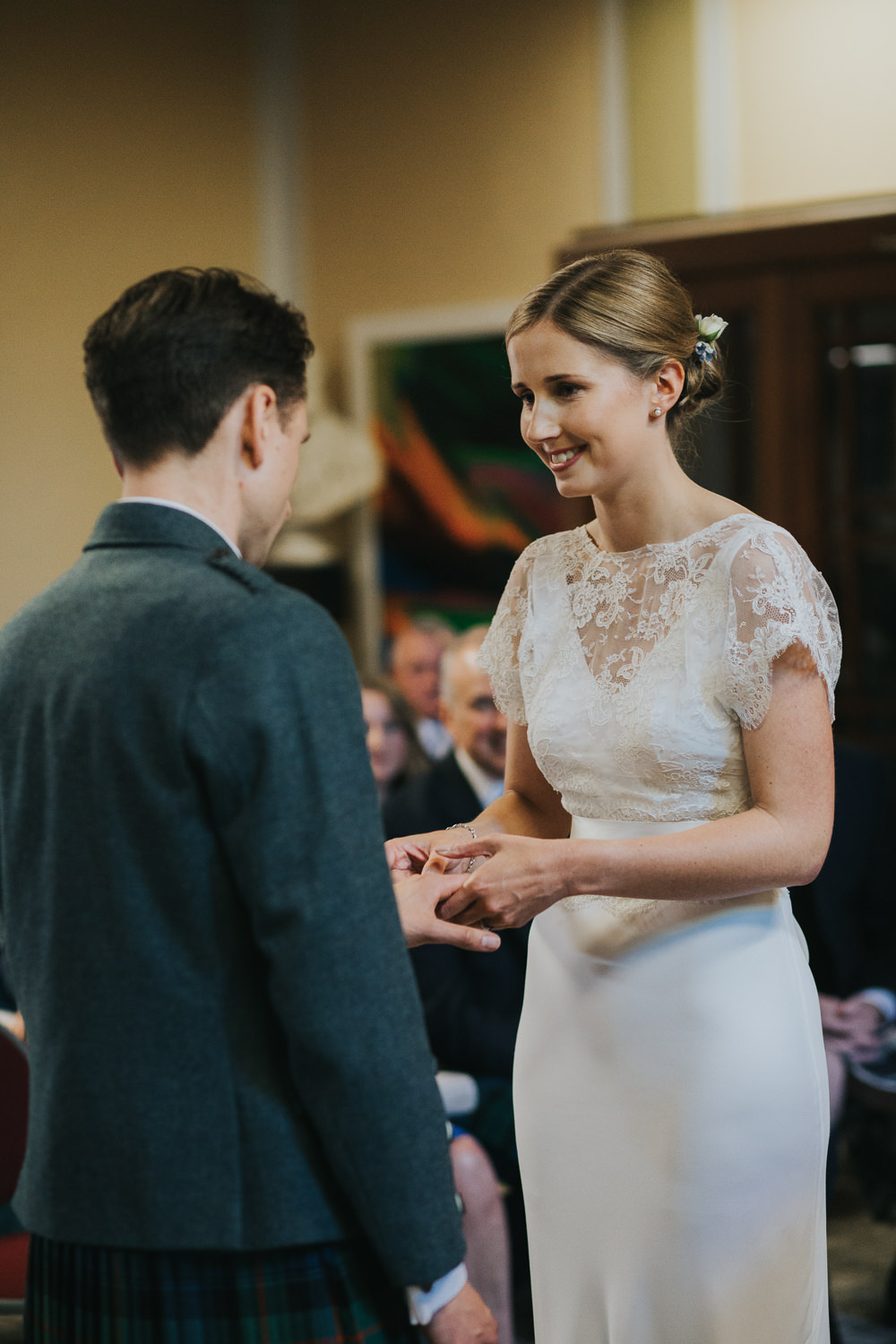 Bride Bridal Fitted Dress Silk Lace Overlay Kilt Groom Strawberry Barn Wedding Jen Owens Images