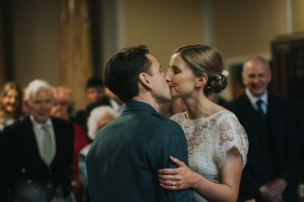 Bride Bridal Fitted Dress Silk Lace Overlay Kilt Groom Strawberry Barn Wedding Jen Owens Images