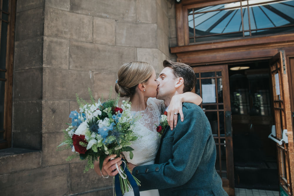 Bride Bridal Fitted Dress Silk Lace Overlay Kilt Groom Blue Red Flowers Stocks Bouquet Strawberry Barn Wedding Jen Owens Images