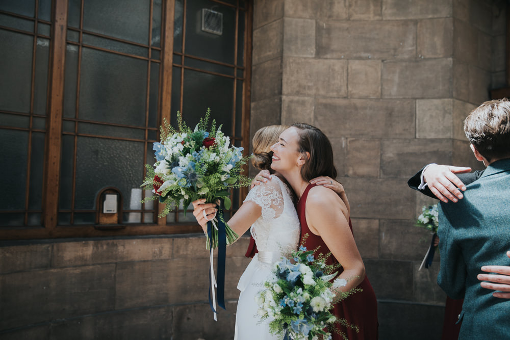Bride Bridal Fitted Dress Silk Lace Overlay Red Bridesmaid Bouquet Blue Red Flowers Stocks Strawberry Barn Wedding Jen Owens Images