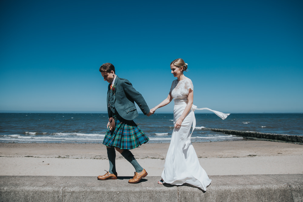 Bride Bridal Fitted Dress Silk Lace Overlay Kilt Groom Strawberry Barn Wedding Jen Owens Images