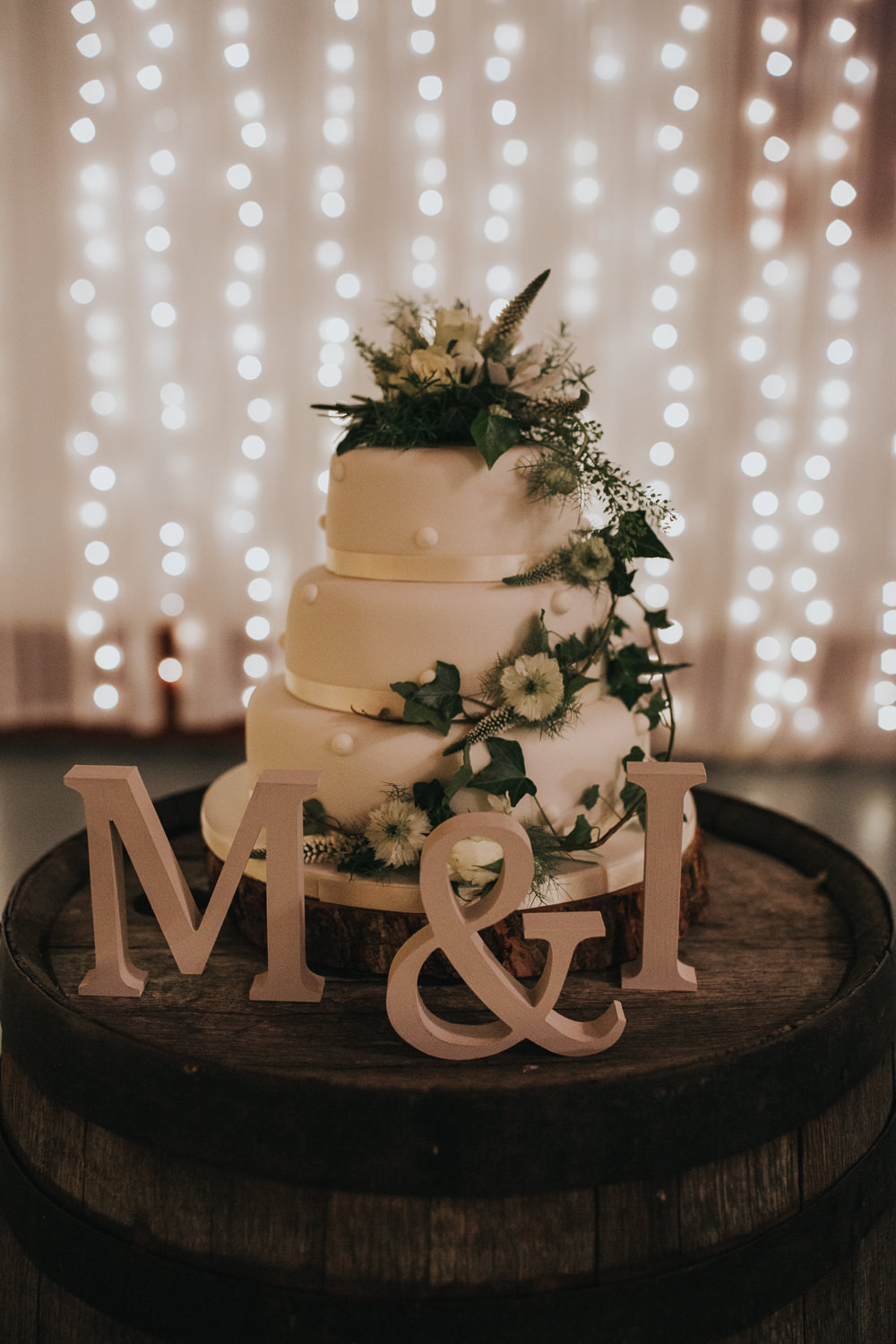 Cake White Icing Ivy Flowers Strawberry Barn Wedding Jen Owens Images