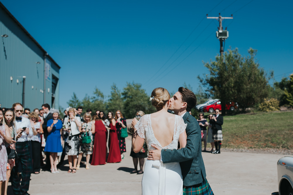 Bride Bridal Fitted Dress Silk Lace Overlay Kilt Groom Strawberry Barn Wedding Jen Owens Images