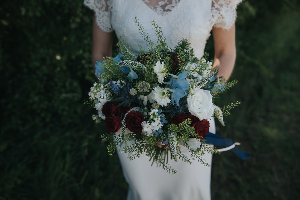 Bride Bridal Bouquet Stocks White Rose Blue Red Flowers Navy Ribbon Strawberry Barn Wedding Jen Owens Images