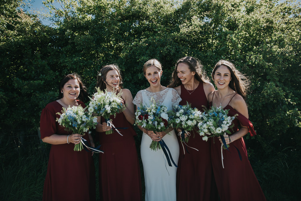 Bride Bridal Fitted Dress Silk Lace Overlay Rewritten Masala Red Bridesmaids Burgundy Bouquets Strawberry Barn Wedding Jen Owens Images