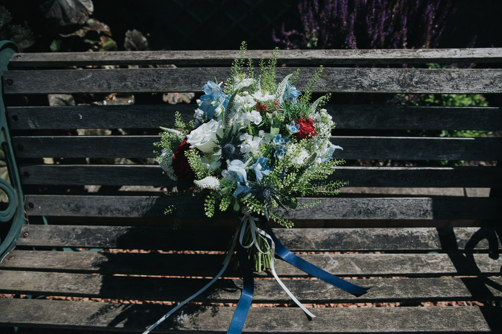 Bride Bridal Bouquet Blue Red Stocks Ribbon Strawberry Barn Wedding Jen Owens Images
