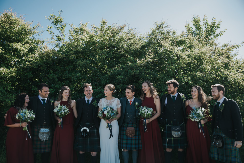 Bride Bridal Fitted Dress Silk Lace Overlay Kilt Groom Masala Red Bridesmaids Burgundy Strawberry Barn Wedding Jen Owens Images