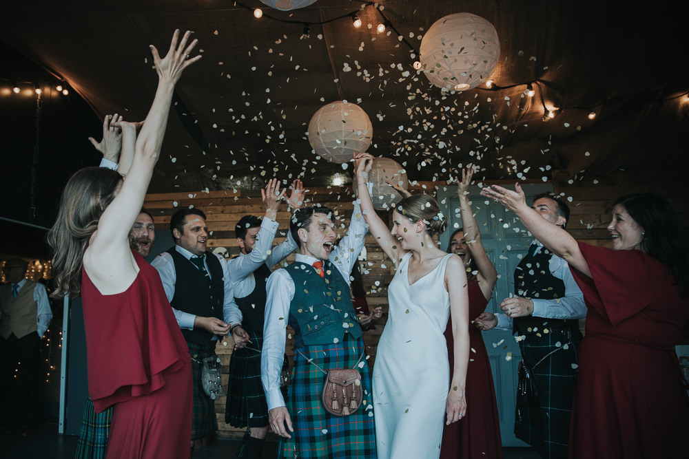 Bride Bridal Fitted Dress Silk Confetti Kilt Groom Strawberry Barn Wedding Jen Owens Images